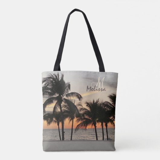 Florida Sunset Palm Tree Monogram Naam Tote Bag (Achterkant)
