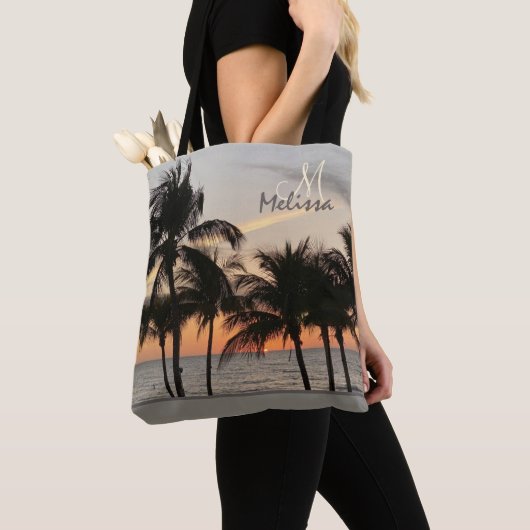 Florida Sunset Palm Tree Monogram Naam Tote Bag (Dichtbij)