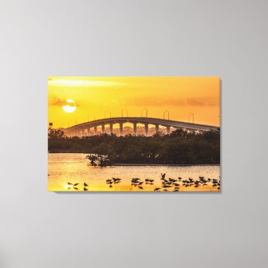 Florida Sunset Titusville Bridge Birds in Water Canvas Afdruk (Voorkant)