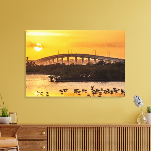 Florida Sunset Titusville Bridge Birds in Water Canvas Afdruk (Insitu (Woonkamer))
