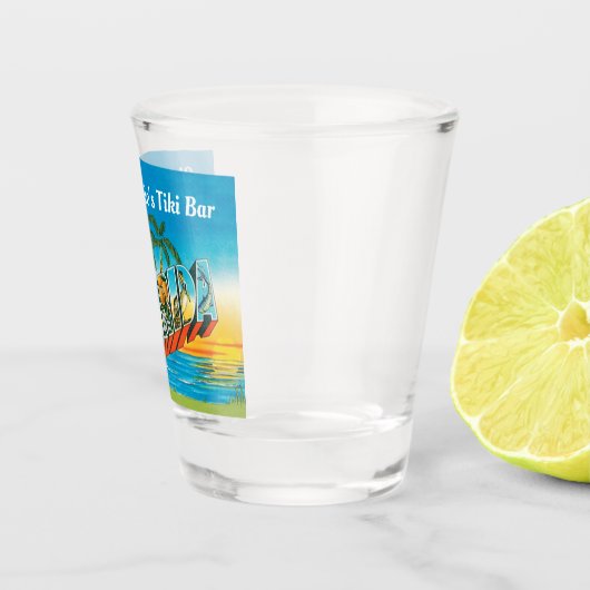 Florida Tiki Bar met namen en strandzonsondergang Shot Glas (Rechts)