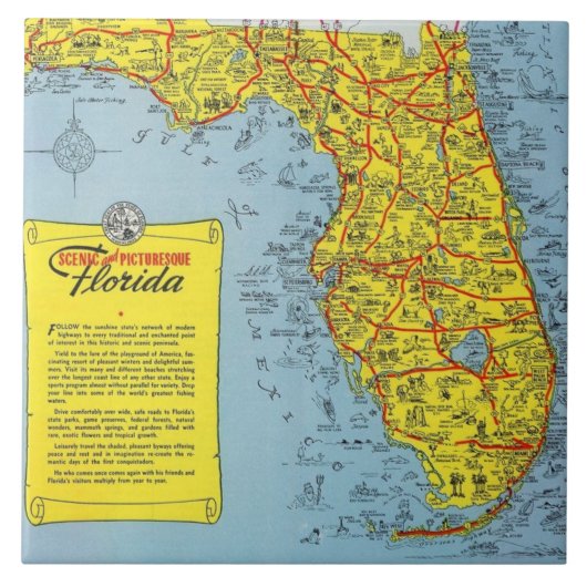 Florida Tourist Map Ceramic Tegel Tegeltje (Voorkant)