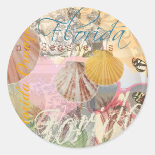 Florida Vintage Travel Beach Seashell Shell Art Ronde Sticker