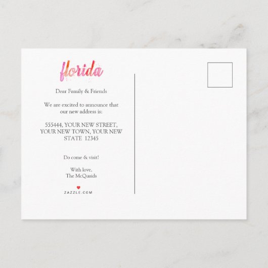Florida We hebben verhuisd Hot Pinks Waterverf ver Aankondigingskaart (Achterkant)