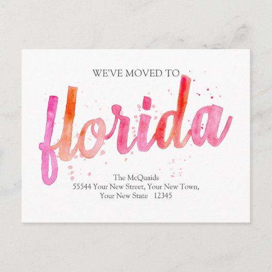 Florida We hebben verhuisd Hot Pinks Waterverf ver Aankondigingskaart (Voorkant)