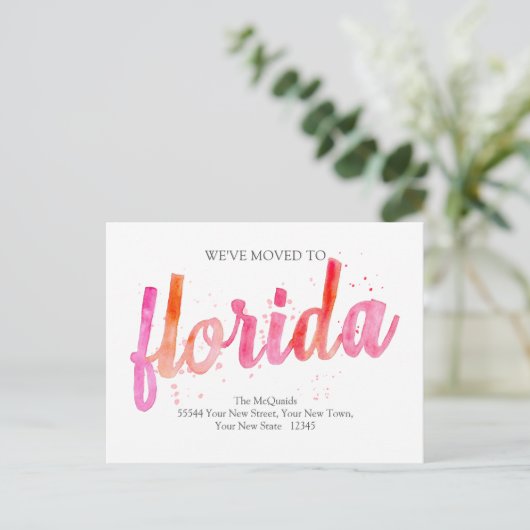 Florida We hebben verhuisd Hot Pinks Waterverf ver Aankondigingskaart (Staand voorkant)