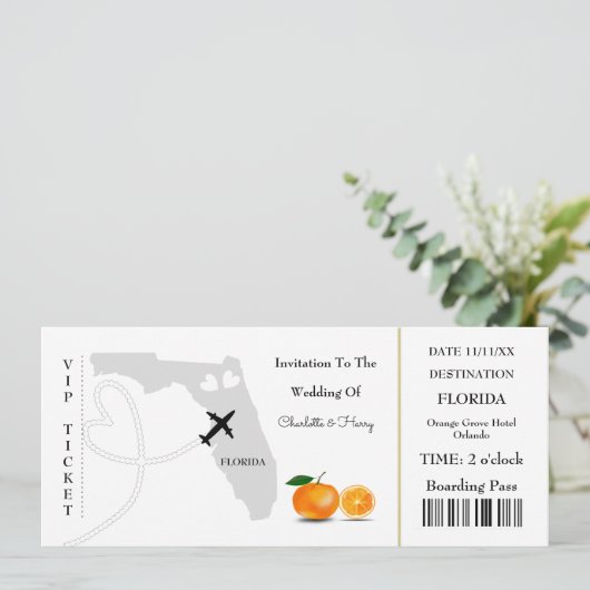 Florida Wedding Destination Ticket Boarding Pass Kaart (Staand voorkant)