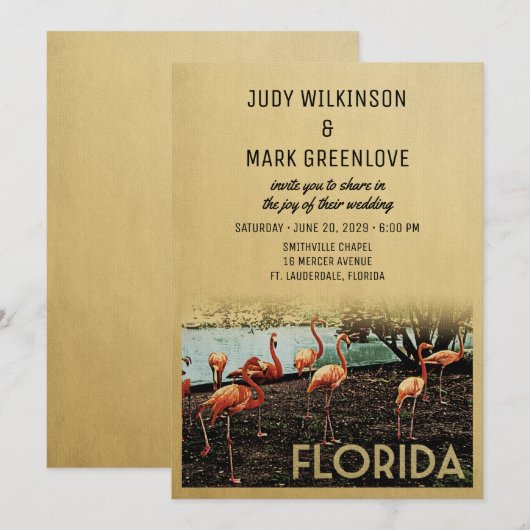 Florida Wedding Vintage Flamingos Kaart (Voorkant / Achterkant)