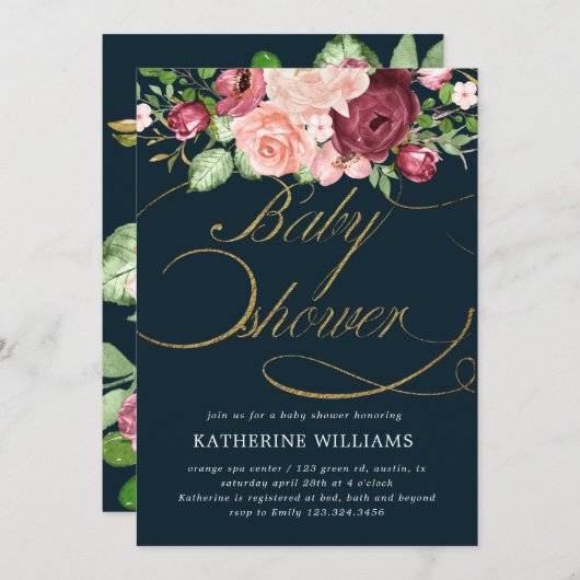 florkalligrafie goud baby shower uitnodiging (Voorkant / Achterkant)