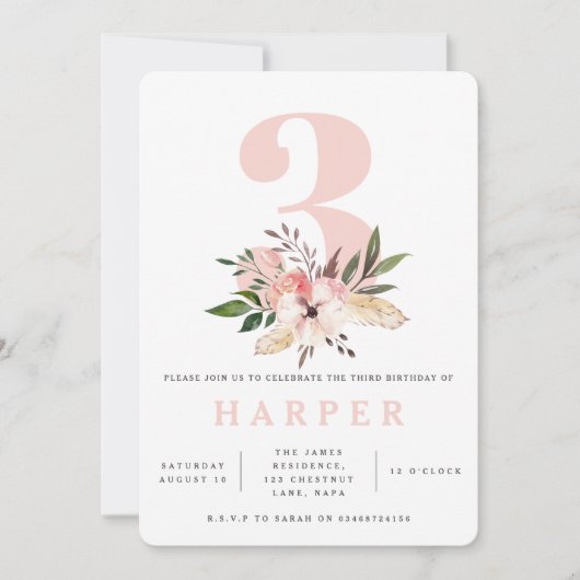 florroze foto - uitnodiging voor 3e verjaardag (Voorkant)