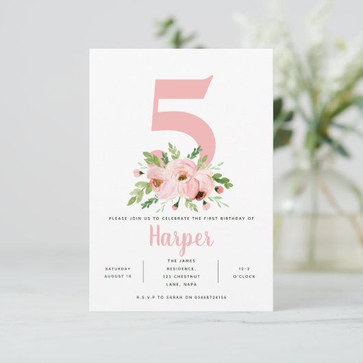 florroze verjaardagsfeestje foto uitnodiging (Staand voorkant)