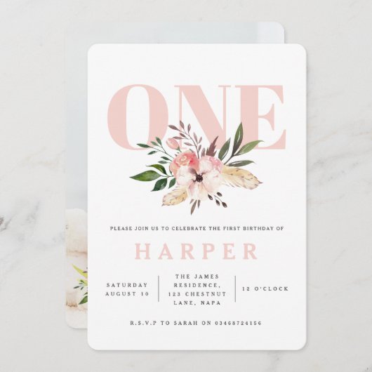 florroze verjaardagsfeestje foto uitnodiging (Voorkant / Achterkant)