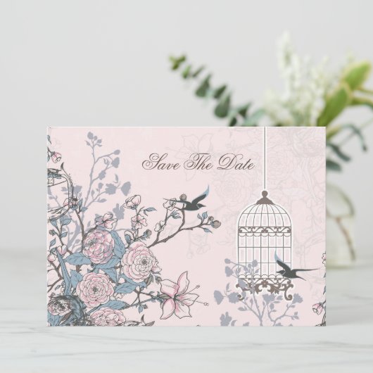 florroze vogelkooi , liefdesvogels redden de data save the date (Staand voorkant)