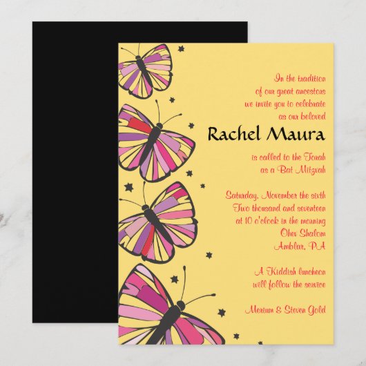 FLOT BUTTERFLY Bat Mitzvah Uitnodiging (Voorkant / Achterkant)