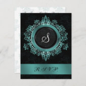 floure aqua monogram elegant bruiloft RSVP (Voorkant / Achterkant)