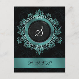 floure aqua monogram elegant bruiloft RSVP Kaartje