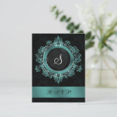 floure aqua monogram elegant bruiloft RSVP Kaartje (Staand voorkant)