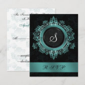 floure aqua monogram elegant bruiloft RSVP Kaartje (Voorkant / Achterkant)
