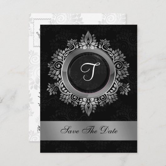 floure zilveren monogram bruiloft met uitzondering aankondigingskaart (Voorkant / Achterkant)