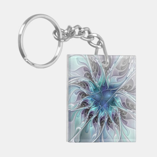 Flourish Abstract Modern Fractal Flower With Blue Sleutelhanger (Voorkant Links)