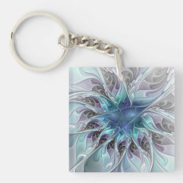Flourish Abstract Modern Fractal Flower With Blue Sleutelhanger