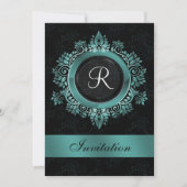 flourish aqua monogram elegant bruiloft Uitnodigin Kaart (Voorkant)