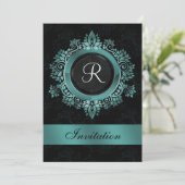 flourish aqua monogram elegant bruiloft Uitnodigin Kaart (Staand voorkant)