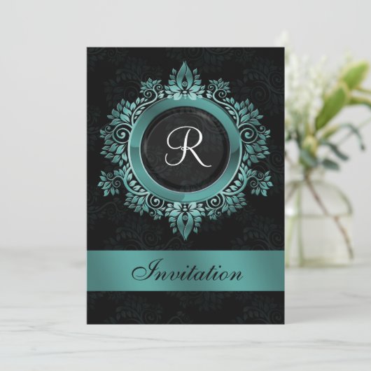 flourish aqua monogram elegant bruiloft Uitnodigin Kaart (Staand voorkant)