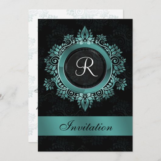 flourish aqua monogram elegant bruiloft Uitnodigin Kaart (Voorkant / Achterkant)
