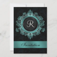 flourish aqua monogram elegant bruiloft Uitnodigin