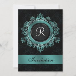 flourish aqua monogram elegant bruiloft Uitnodigin Kaart