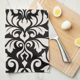 Flourish Damask Art I Cream op zwart Theedoek