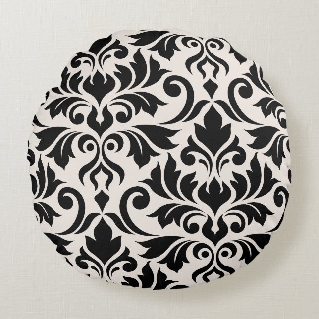 Flourish Damask Art I Zwart op Crème Rond Kussen (Voorkant)