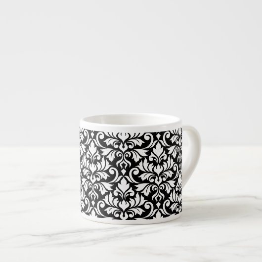 Flourish Damask Big Pattern White op Black Espresso Kop (Voorkant rechts)