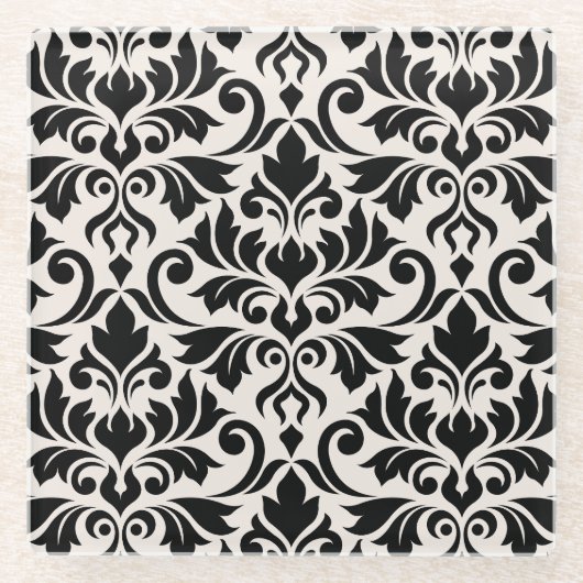 Flourish Damask Lg Pattern Black on Cream Glazen Onderzetter (Voorkant)