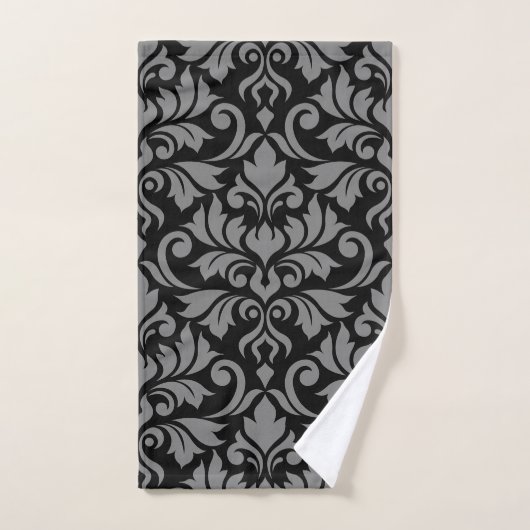 Flourish Damask Lg Pattern Grey op Black Handdoek (Handdoek)