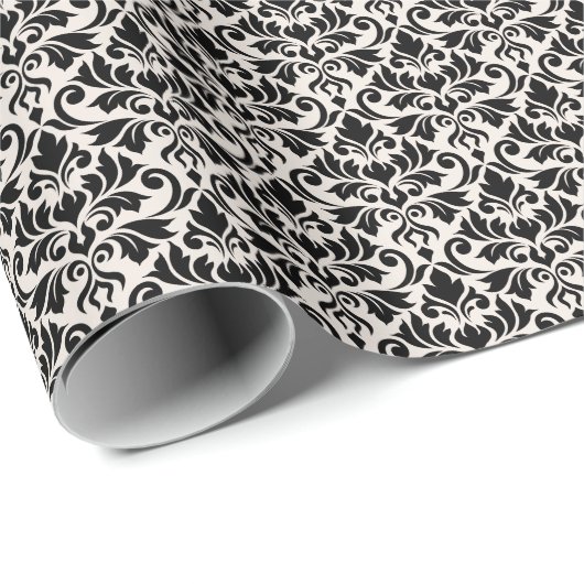 Flourish Damask Pattern Black on Cream Cadeaupapier (Rol Hoek)