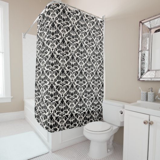 Flourish Damask Pattern Black on Cream Douchegordijn (In situ)