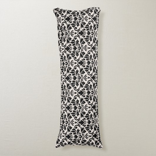 Flourish Damask Pattern Black on Cream Lichaamskussen (Voorkant Verticaal)