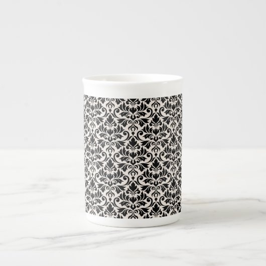 Flourish Damask Pattern Black on Cream Porselein Kop (Voorkant)