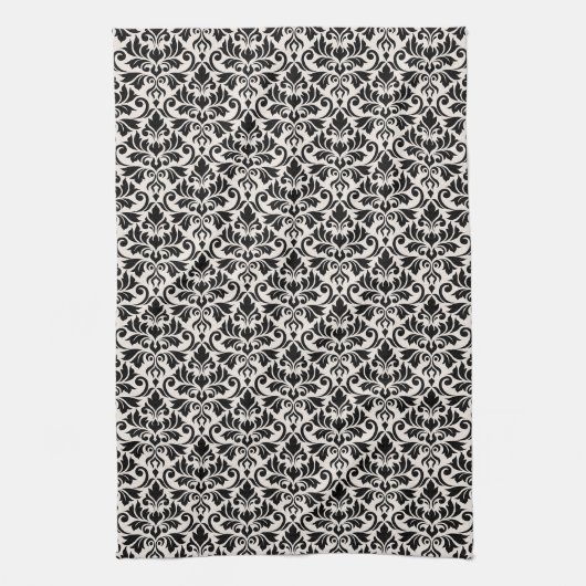 Flourish Damask Pattern Black on Cream Theedoek (Verticaal)