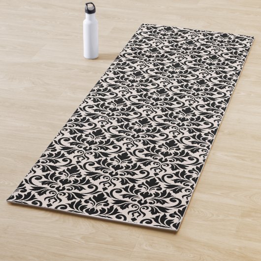 Flourish Damask Pattern Black on Cream Yogamat (In situ)