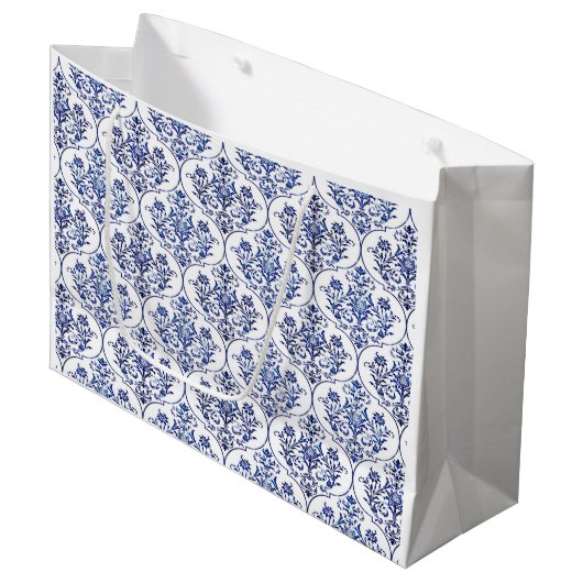 Flourish Damask Pattern - blauw + jouw idee Large Cadeautasje (Voorkant Gekanteld)