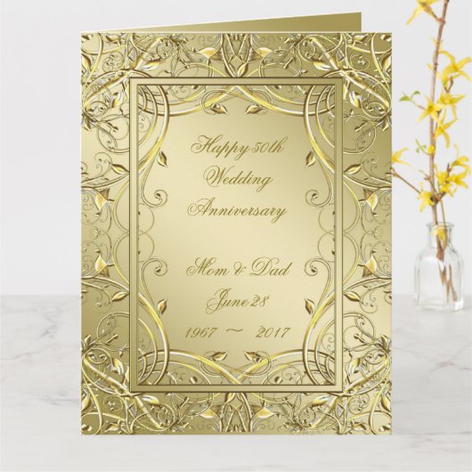 Flourish Gold 50th Wedding Jubileum 8.5x11 Kaart (Gele Bloem)