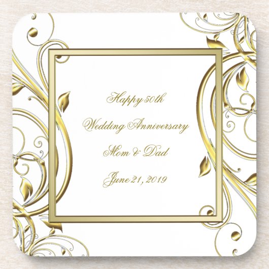 Flourish Gold White 50th Wedding Jubileum Bier Onderzetter (Voorkant)