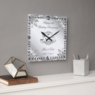 Flourish Silver 25th Wedding Jubileum Clock Vierkante Klok