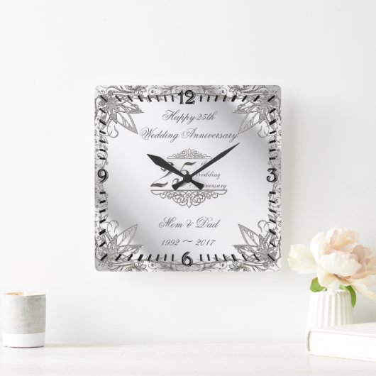Flourish Silver 25th Wedding Jubileum Clock Vierkante Klok (Huis)