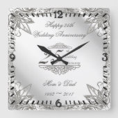 Flourish Silver 25th Wedding Jubileum Clock Vierkante Klok (Voorkant)