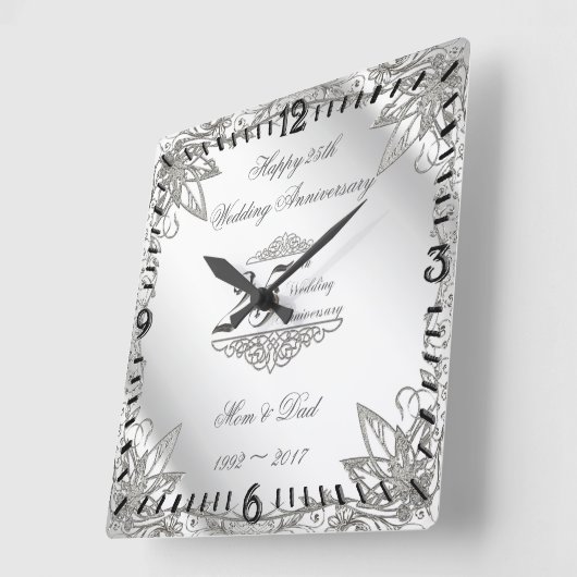 Flourish Silver 25th Wedding Jubileum Clock Vierkante Klok (Hoek)