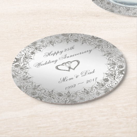 Flourish Silver 25th Wedding Jubileum Ronde Kartonnen Onderzetter (Gebogen)